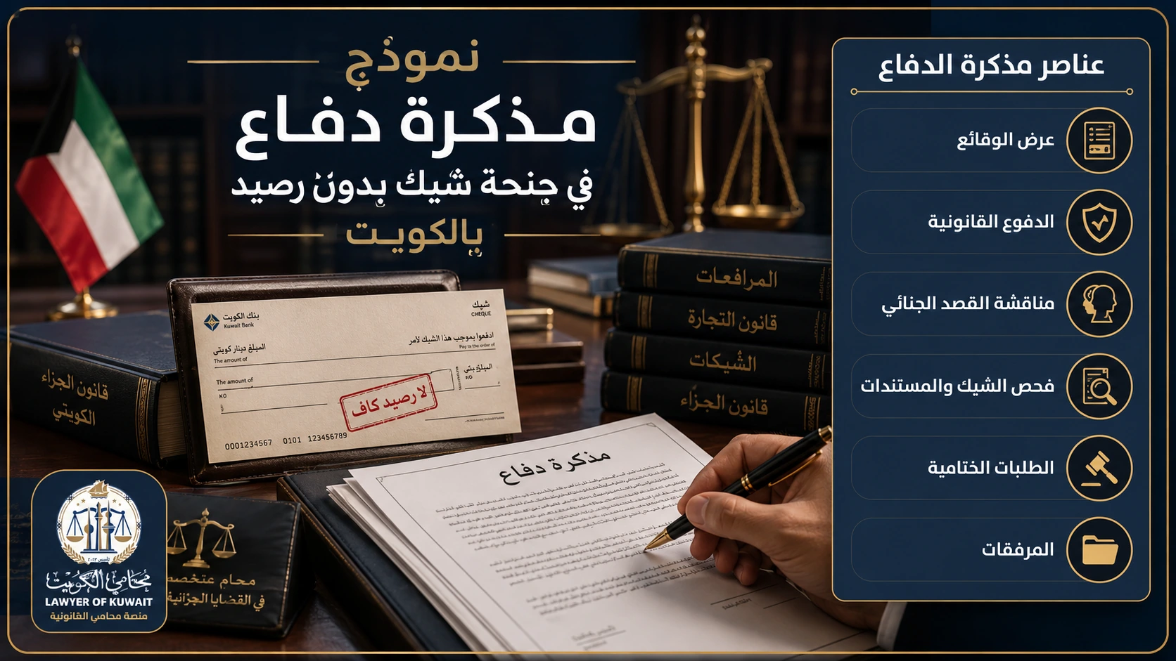 نموذج مذكرة دفاع في جنحة شيك بدون رصيد بالكويت 2 عناصر مذكرة الدفاع في جنحة شيك بدون رصيد بالكويت