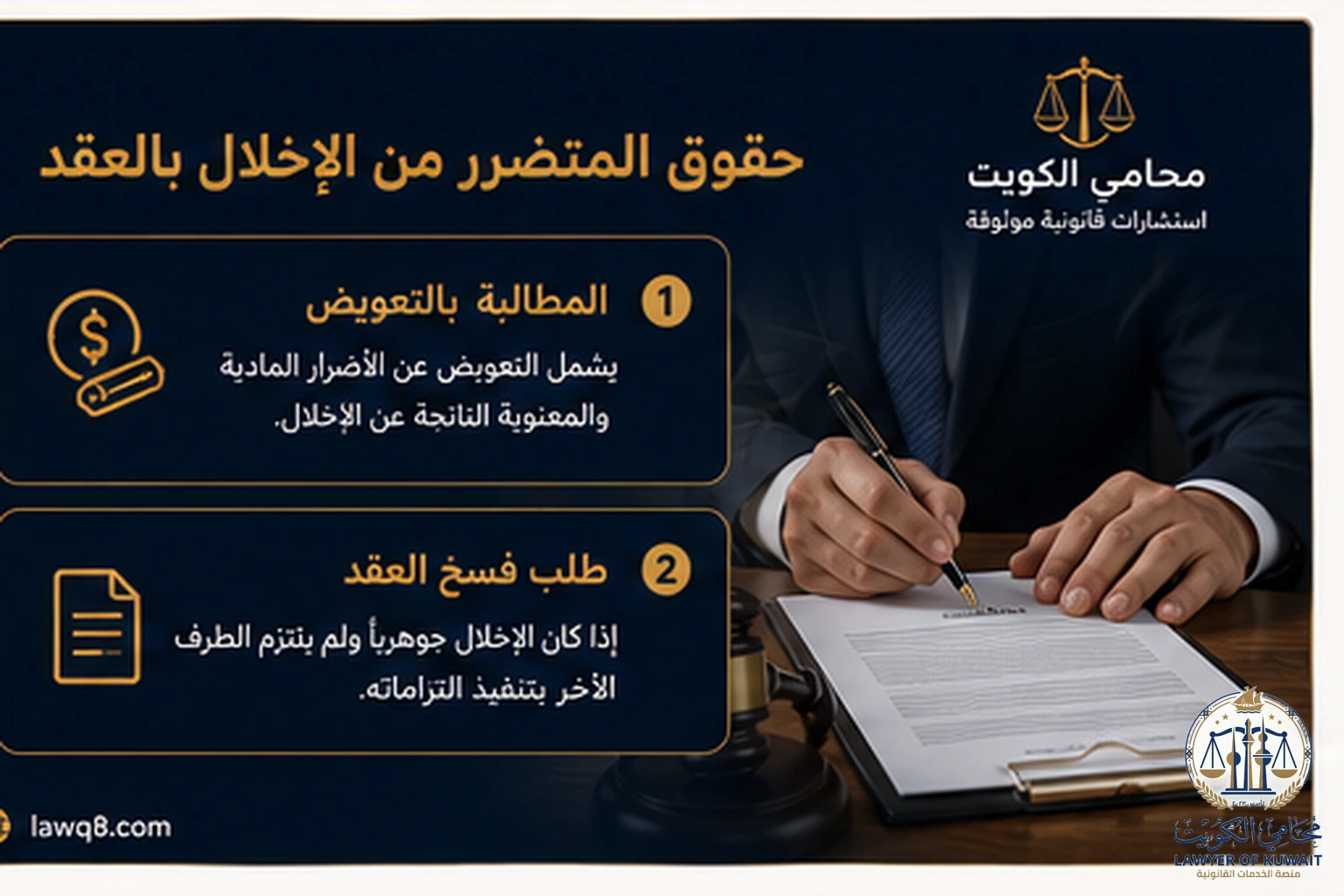 الإخلال بالعقد في الكويت 3 حقوق الطرف المتضرر من الإخلال بالعقد