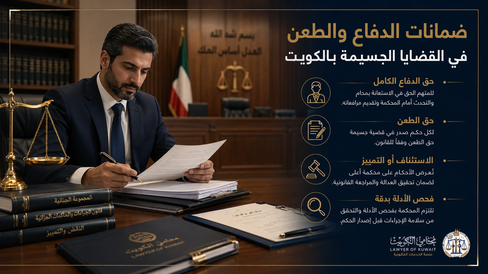 شروط تطبيق عقوبة الإعدام في الكويت بالتفصيل 3 صورة توضيحية لضمانات الدفاع في القضايا الجسيمة بالكويت