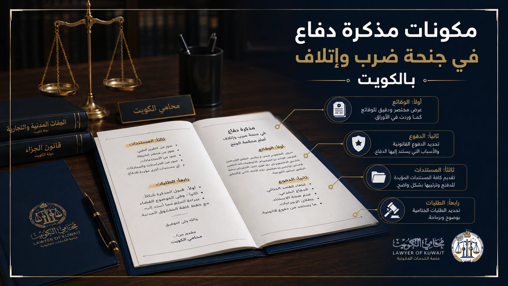 نموذج مذكرة دفاع في جنحة ضرب وإتلاف بالكويت 2 إنفوجرافكس يوضح مكونات مذكرة دفاع في جنحة ضرب وإتلاف بالكويت
