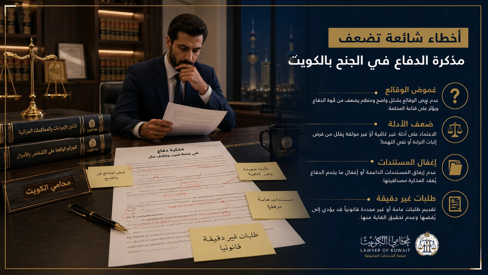 نموذج مذكرة دفاع في جنحة ضرب وإتلاف بالكويت 3 صورة توضيحية لأخطاء تضعف مذكرة الدفاع في جنحة ضرب وإتلاف بالكويت