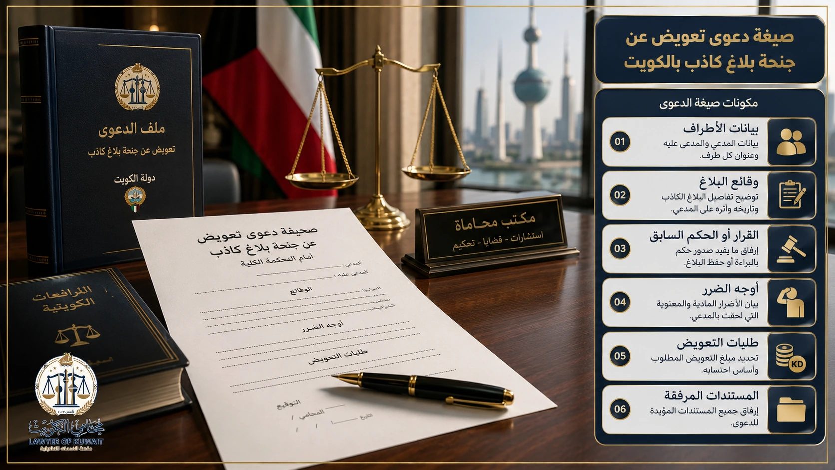 صيغة دعوى تعويض عن جنحة بلاغ كاذب بالكويت 3 مكونات صحيفة دعوى تعويض عن جنحة بلاغ كاذب بالكويت