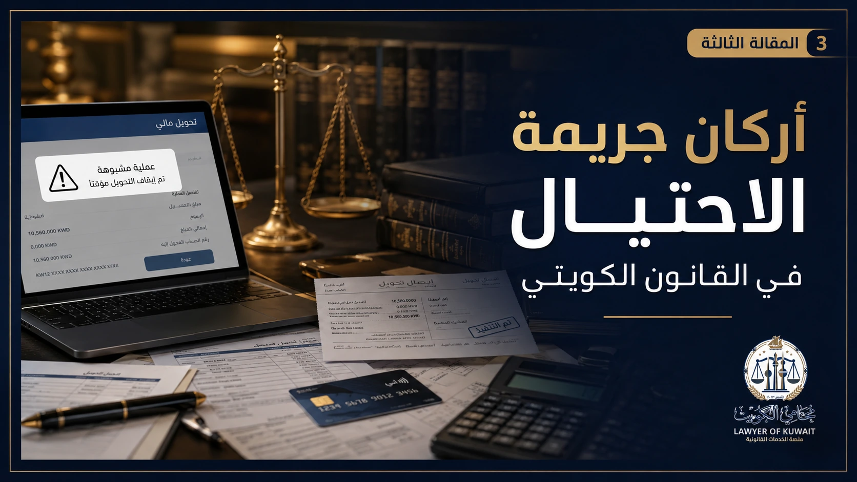 غلاف مقال يشرح أركان جريمة الاحتيال في القانون الكويتي