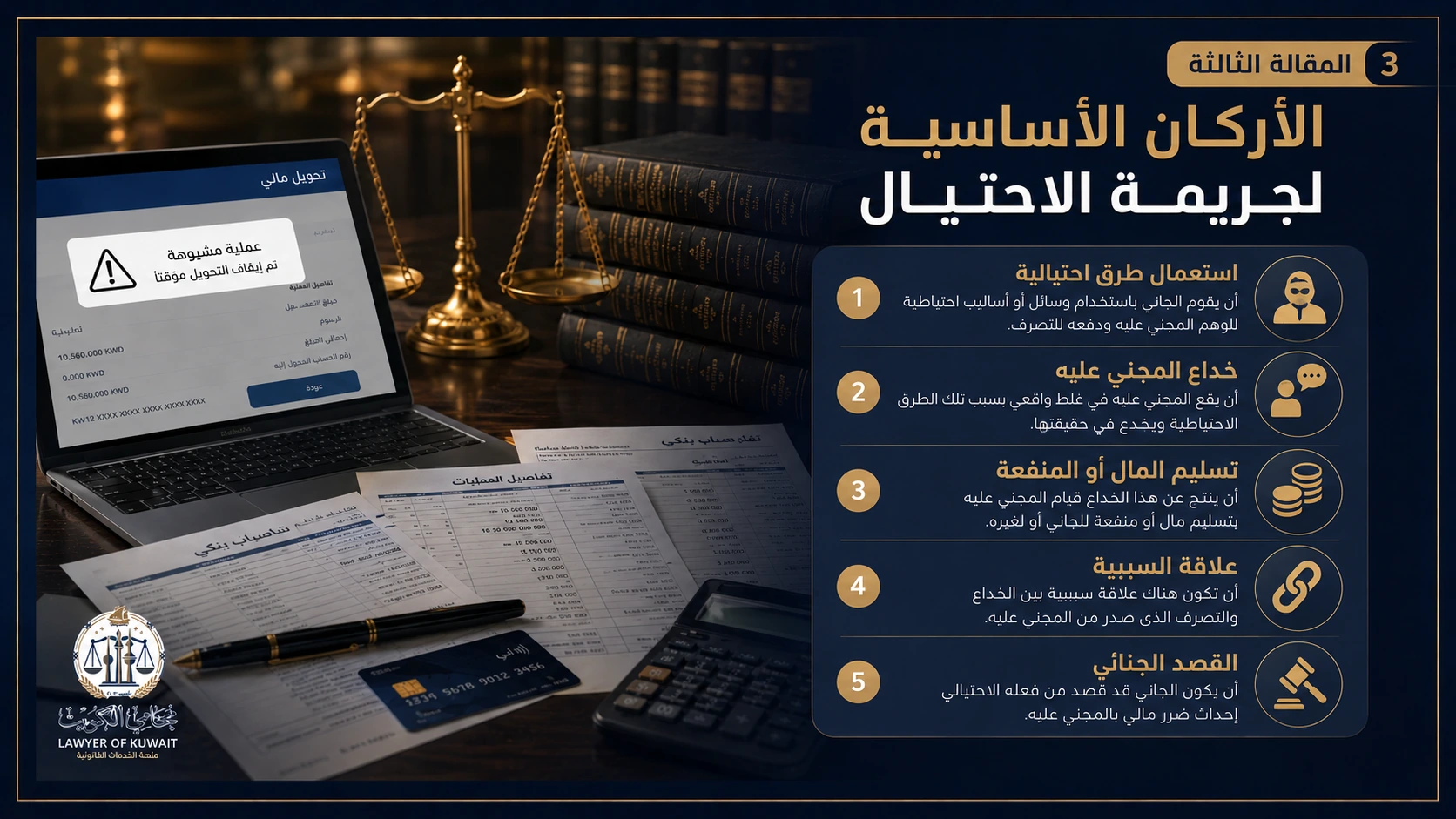 أركان جريمة الاحتيال في القانون الكويتي 2 الأركان الأساسية لجريمة الاحتيال في القانون الكويتي