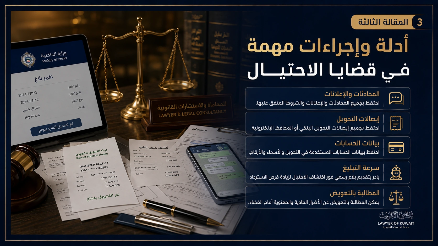 أركان جريمة الاحتيال في القانون الكويتي 3 أدلة وإجراءات مهمة في قضايا الاحتيال بالكويت