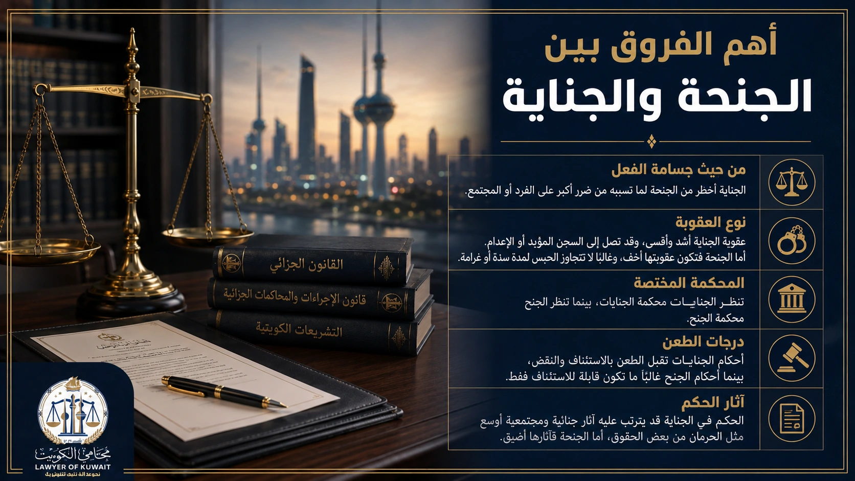 ما الفرق بين الجنحة والجناية في القانون الكويتي؟ 2 أهم الفروق بين الجنحة والجناية في القانون الكويتي