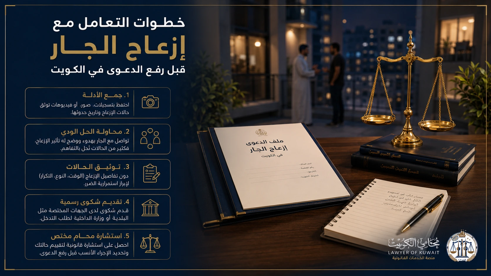 ما شروط وإجراءات رفع دعوى إزعاج الجار بالكويت 2 إنفوجرافكس يوضح خطوات التعامل مع دعوى إزعاج الجار بالكويت