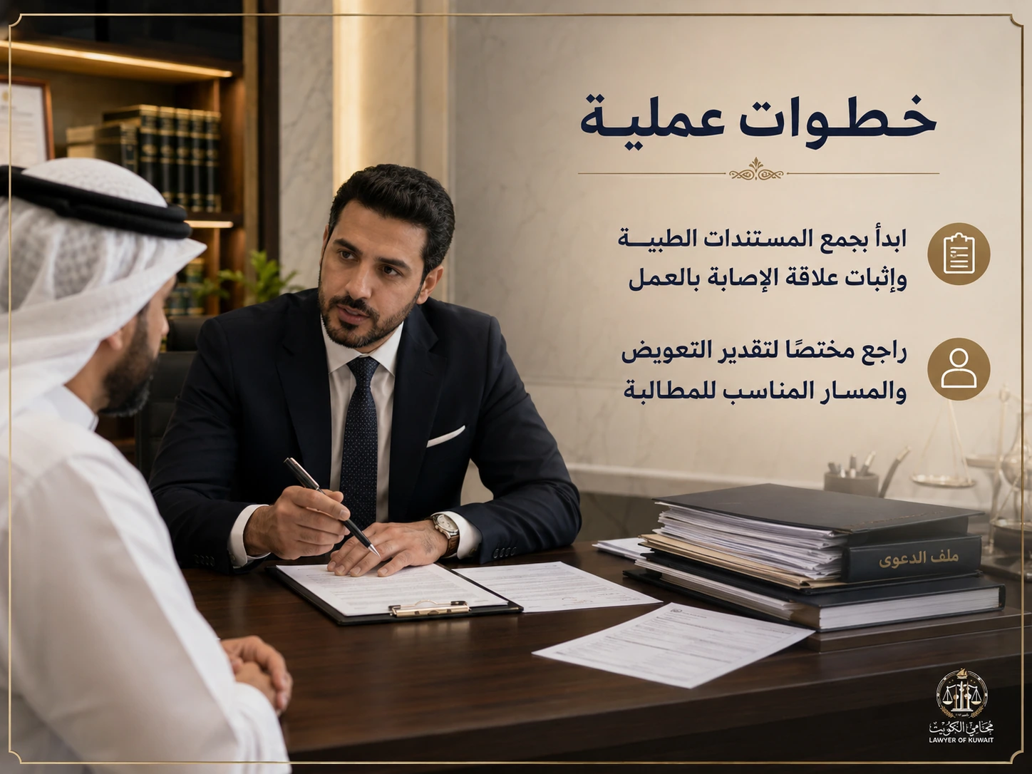 مشهد استشارة قانونية مهنية حول إصابة العمل في الكويت